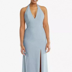 Plunge Neck Halter Backless Trumpet Gown with Front Slit....TH110..Mist...Size